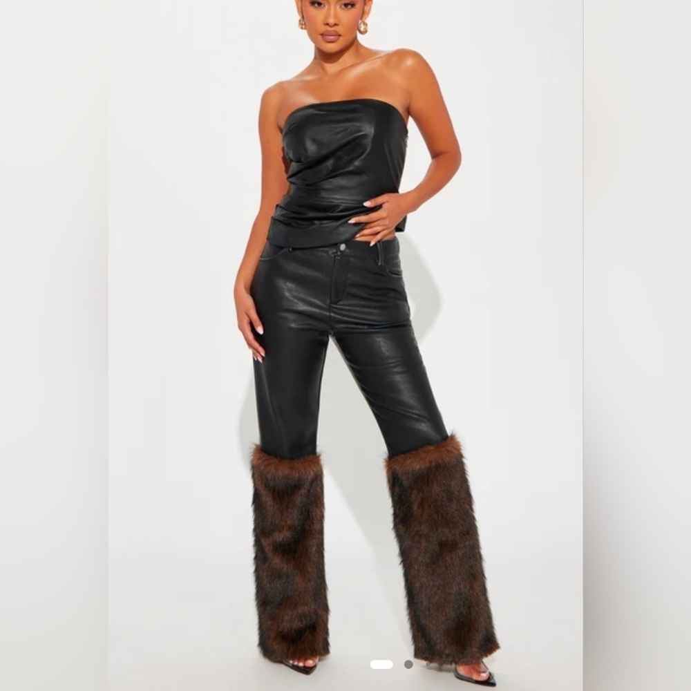 Fashion Nova Black Faux Leather Bootcut Pants with Brown Faux Fur Trim